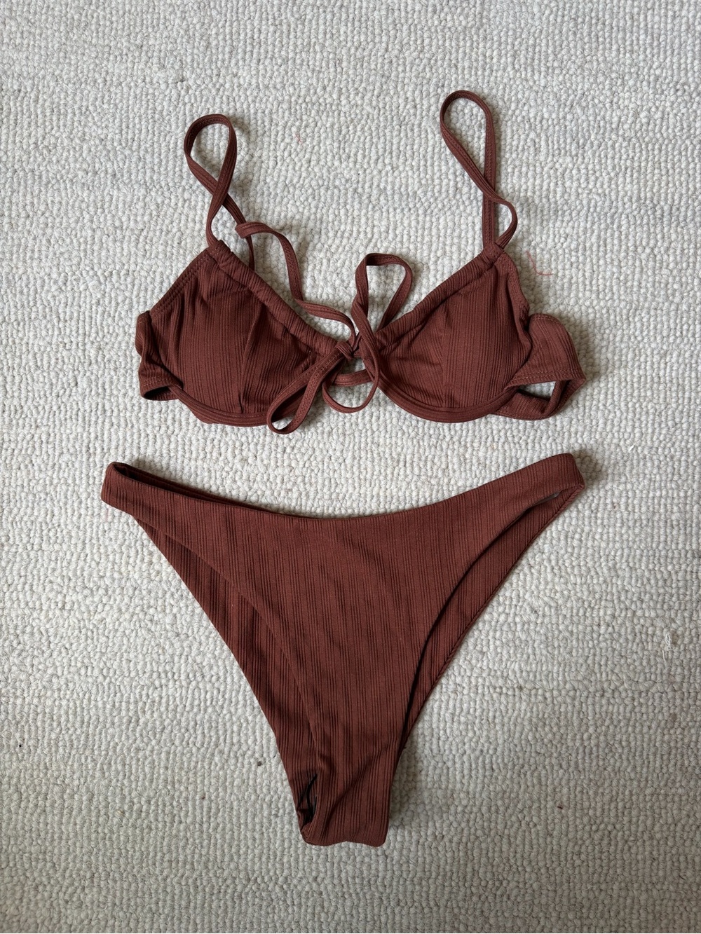 Brown Ribbed Tie-Front Bikini Set - Women Swim